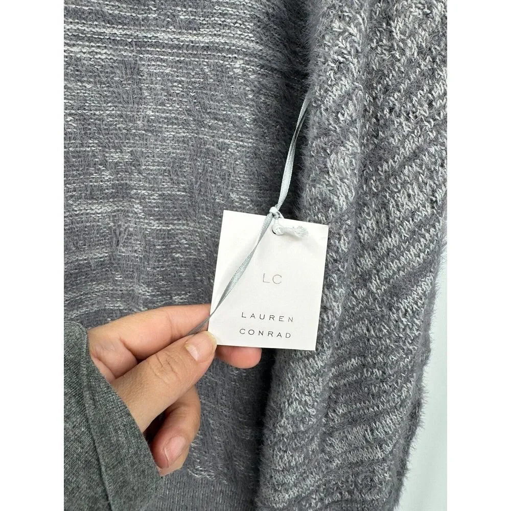 LC Lauren Conrad Small Cardigan Women Grey Fuzzy Space Dye Open Front‎ Sweater